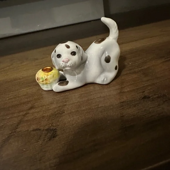 White Ceramic Dog Figurine with Yellow Scarf